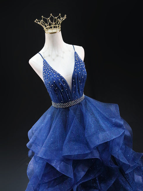 Gothic Navy Blue Layered Tulle Ruffle Dress - Sequin Ball Gown - Spaghetti Strap Wedding Dress Plus Size